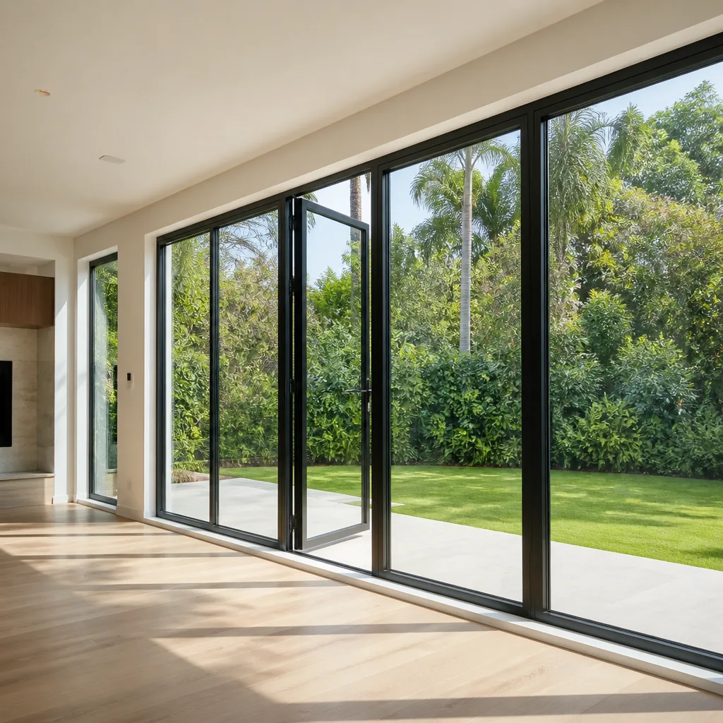 Modern black-framed folding patio doors with a view of a garden