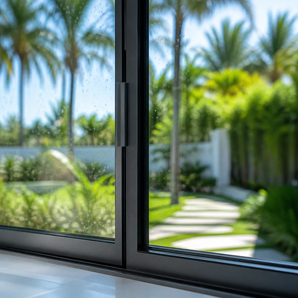 Modern black-framed sliding glass door installation overlooking a tropical backyard garden.