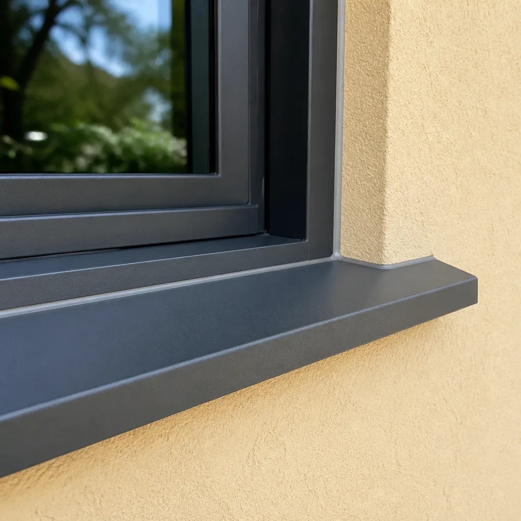 Modern dark grey window installation on a beige stucco wall
