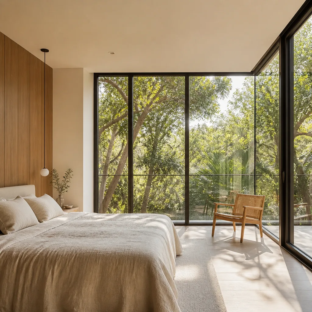 Modern floor-to-ceiling glass windows in a contemporary minimalist bedroom